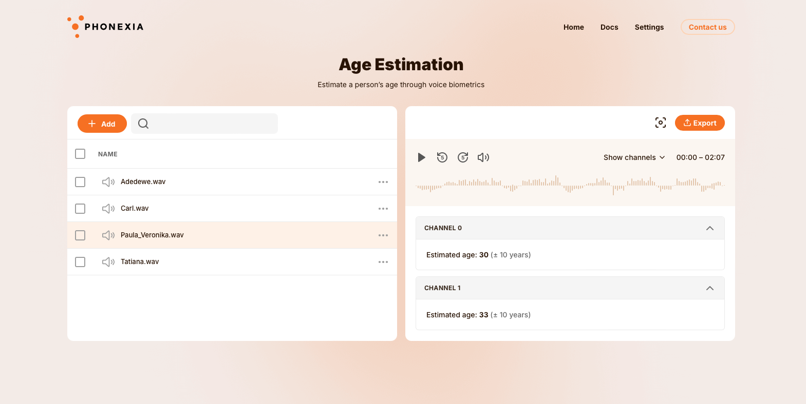 Age Estimation UI with an audio list on the left and channel-specific age results on the right.