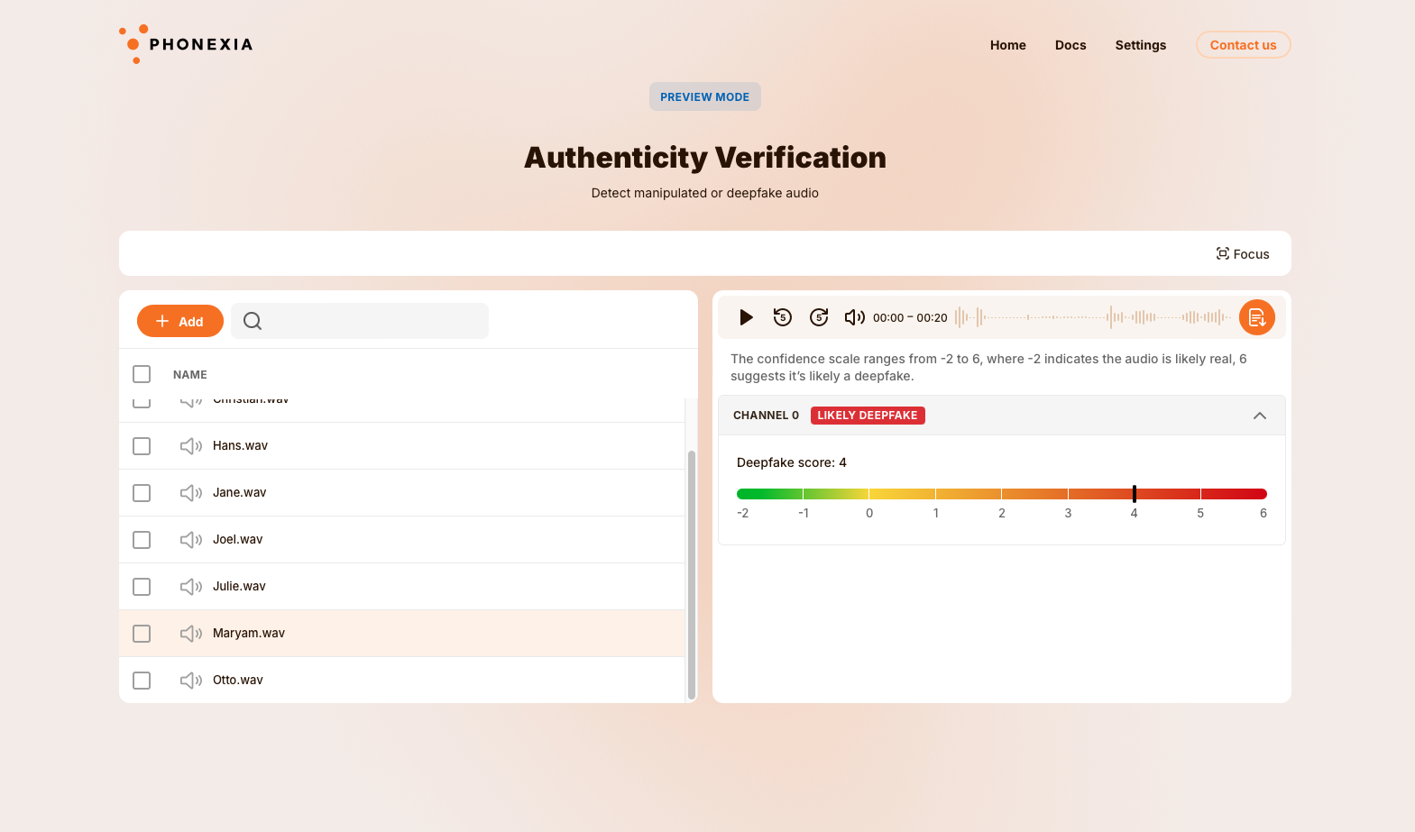 Authenticity Verification UI with an audio list on the left and the deepfake likelihood of the selected recording displayed on the right.