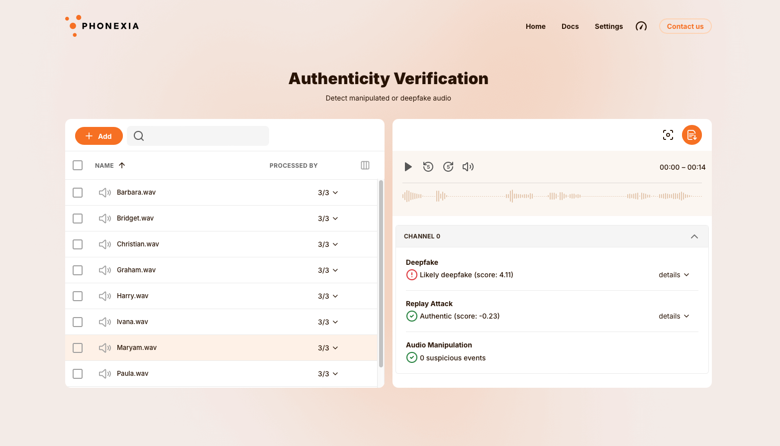Authenticity Verification UI with an audio list on the left and the deepfake, replay attack and audio manipulation results for selected recording displayed on the right.