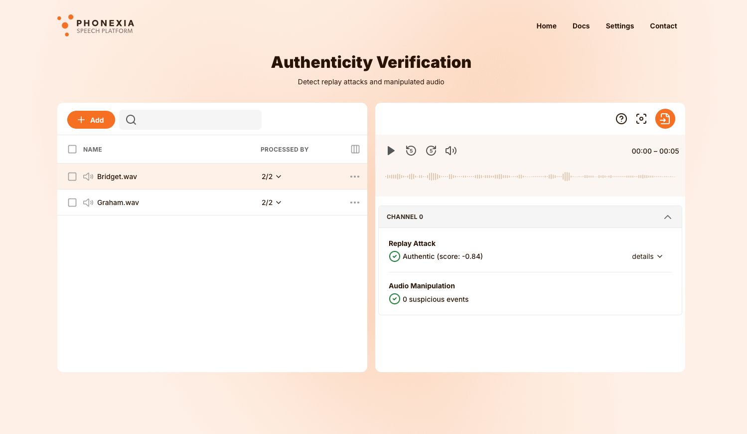 Authenticity Verification UI with an audio list on the left and the replay attack and audio manipulation results for selected recording displayed on the right.