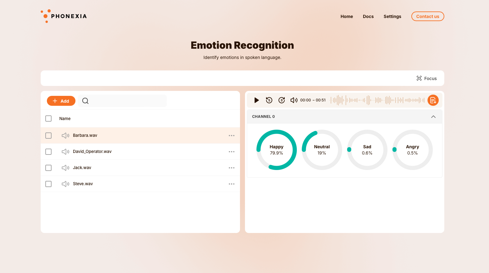 Emotion Recognition UI with an audio list on the left and the percentage occurrence of four emotions—happy, neutral, sad, and angry—displayed on the right.