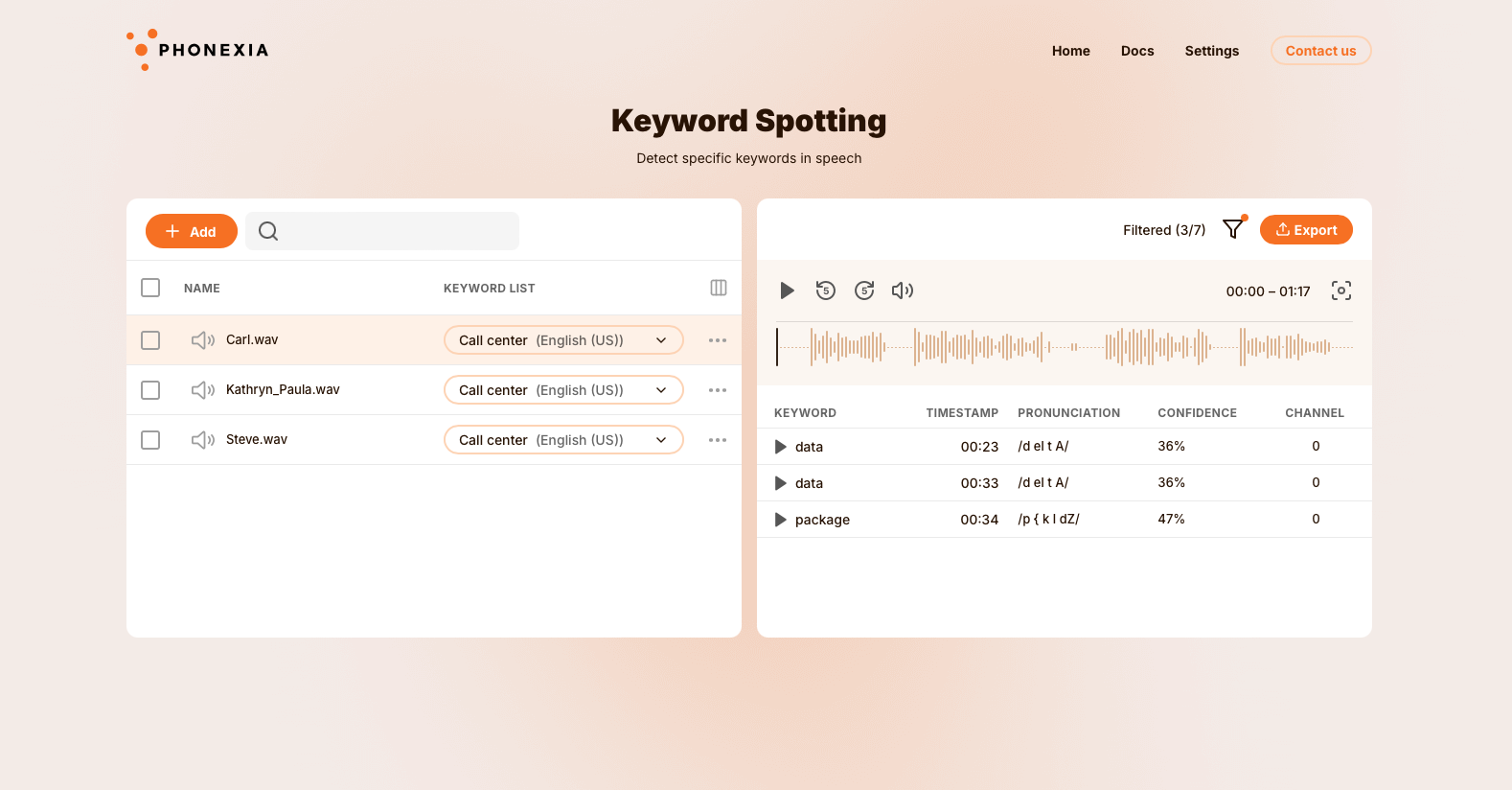 Keyword Spotting UI with an audio list on the left and the detected keywords with their timestamps and confidence values on the right.