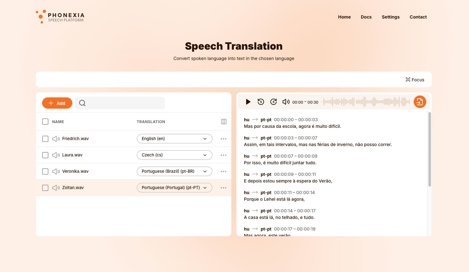 Speech Translation UI with an audio list on the left and the English translation of the selected recording displayed on the right