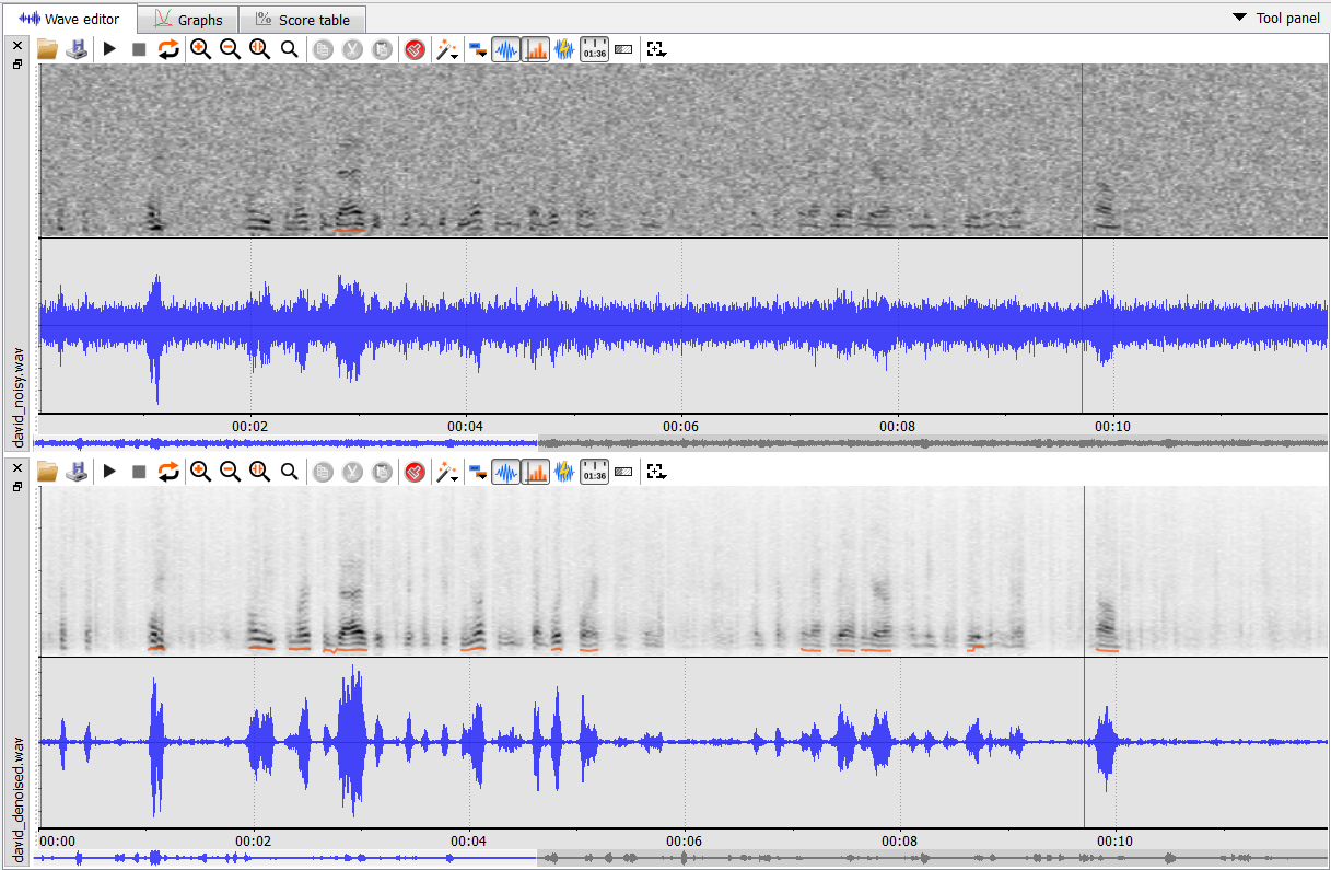 original recording vs. recording processed by Denoiser